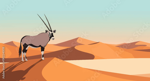 Oryx stands tall on sand dunes under a pastel sky