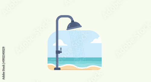 Outdoor beach shower with water falling onto sand and ocean