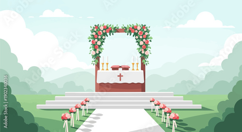 Outdoor wedding altar decorated with flowers and steps lined with roses