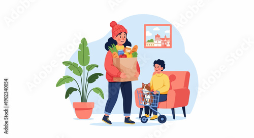 People carrying groceries, with a child and dog in a shopping cart