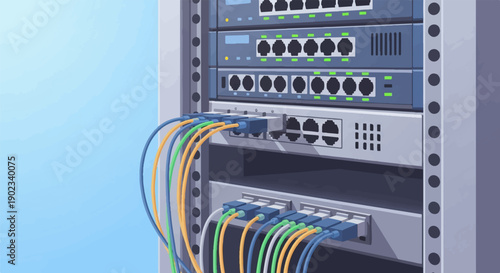 Network server rack with colorful cables and blinking lights