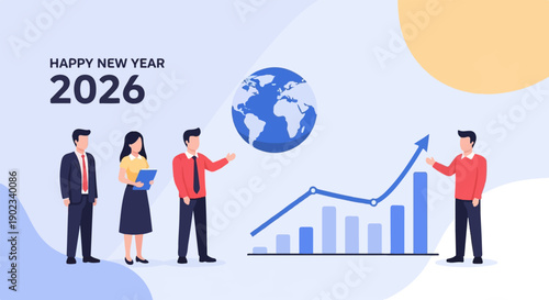 People celebrating new year with global growth chart and world map