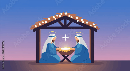 Nativity scene with Mary and Joseph looking at the baby Jesus in a manger