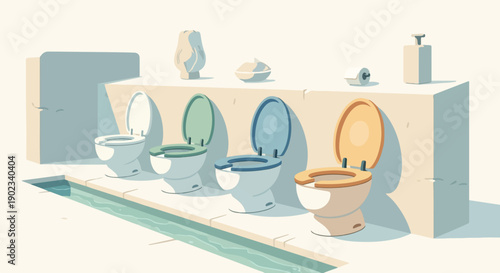 Multiple toilets in a row by a water channel, with decorative items