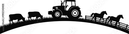 farm, rural, silhouette, black, white, icon, illustration, vector, design, symbol, cows, tractor, horses, fence, grass, nature, agriculture, countryside, lifestyle, landscape, livestock, pasture