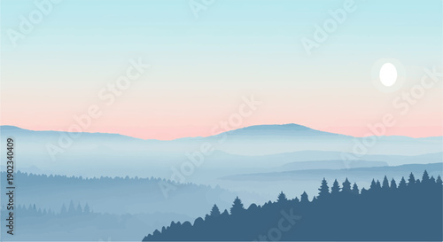 Misty mountain range at sunrise with sun and pine trees