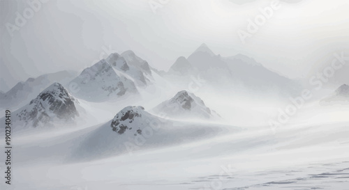 Misty, snow-covered mountains rise from a desolate, windswept plain