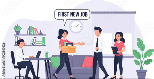 Office scene with people starting a new job and working