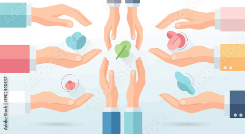 Multiple hands offer abstract shapes, symbolizing care and collaboration