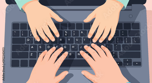 Multiple hands collaboratively typing on a laptop keyboard, illustrating teamwork