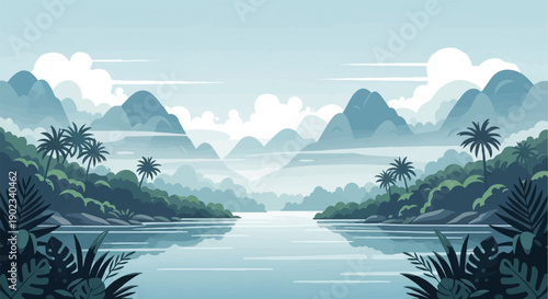Misty tropical jungle with palms and calm water
