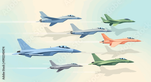 Multiple fighter jets fly in formation against a pastel sky