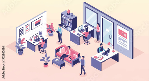 Office scene with people working at desks and relaxing on a couch