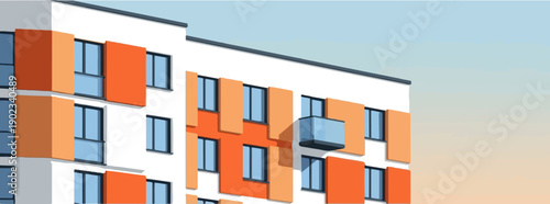 Modern apartment building exterior with orange and blue accents under a pale sky