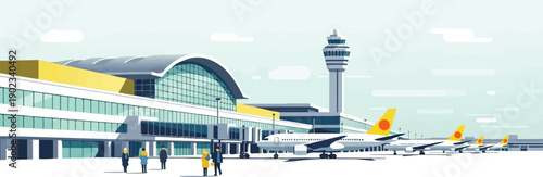 Modern airport terminal with airplanes and control tower under cloudy sky