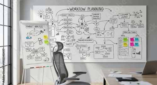 Office whiteboard with workflow planning diagrams and market analysis