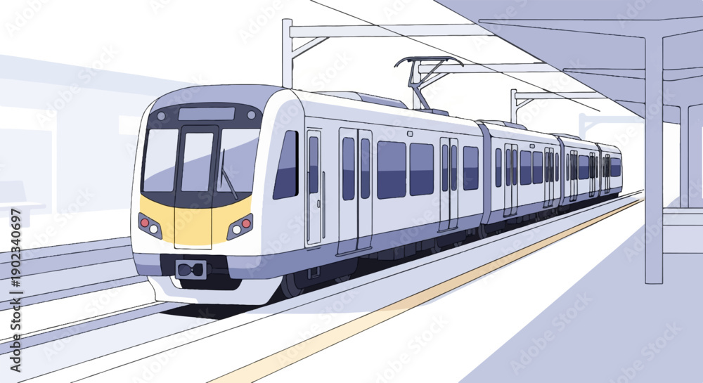 Fototapeta premium Modern electric train at a station, rendered in a clean, stylized, graphic art manner