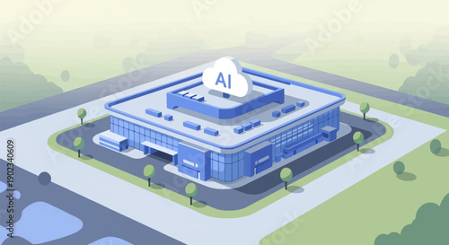 Modern building with AI cloud symbol on roof, surrounded by trees and road