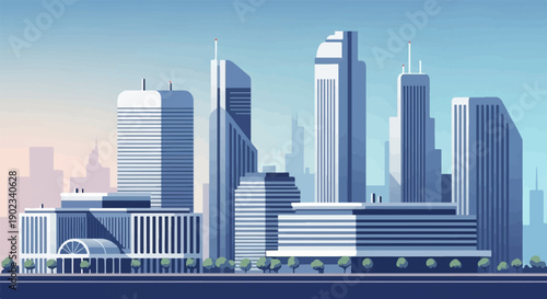 Modern city skyline with geometric skyscrapers under a clear sky