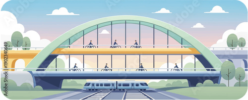 Multi-level urban bridge with cyclists and train at sunset