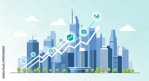 Modern cityscape with rising growth graph and financial icons