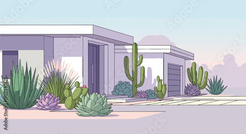 Modern desert home with succulents and cacti in a serene landscape