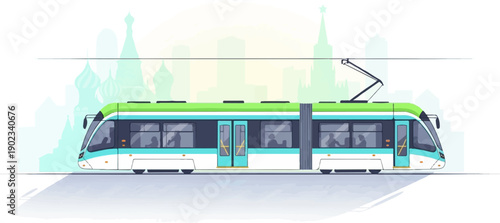 Modern, colorful tram moves through a hazy cityscape with domed buildings