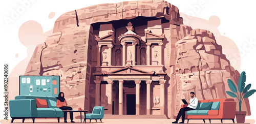 Modern digital workspace in ancient rocky landscape, with people relaxing on sofas