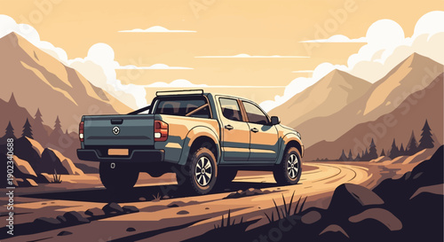 Off-road pickup truck drives on a dirt road through mountains