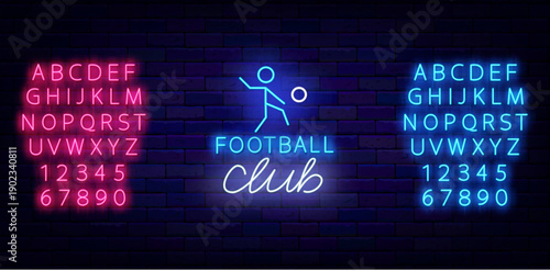 Soccer sport neon label. Football team. Sport tournament. Glowing blue and pink alphabet. Athletics club. Running activity. Shiny emblem. Editable stroke. Vector stock illustration