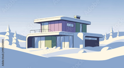 Modern house in snow-covered landscape with trees under clear sky