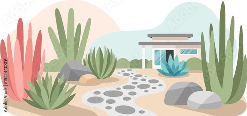 Modern home with a xeriscape garden featuring succulents and a stone pathway