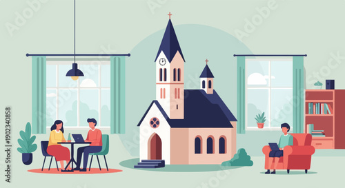 Modern interior scene with a church, people working remotely, and cozy furnishings