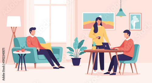 Modern interior scene with people working and relaxing