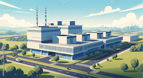 Modern industrial complex with chimneys, surrounded by green fields and a distant city