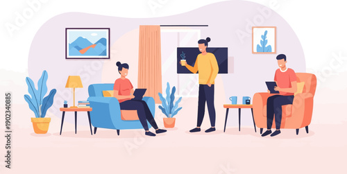 Modern interior scene with people relaxing and using tablets