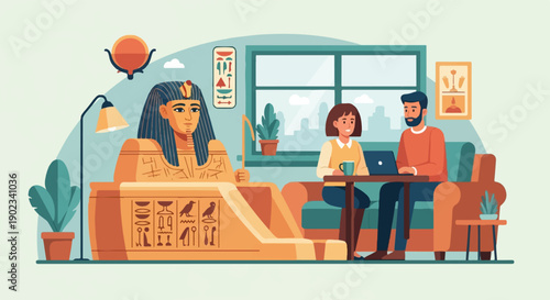Modern living room with Egyptian sphinx and people working on laptops
