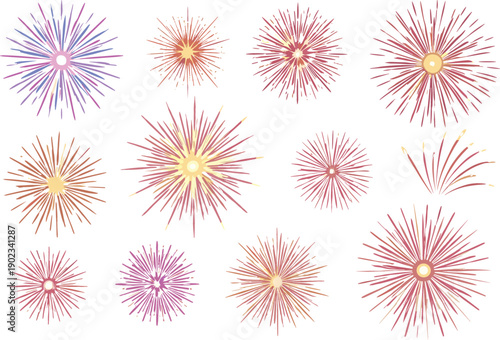 Vector illustration set of colorful abstract firework bursts and radial starburst patterns in various pastel and warm tone