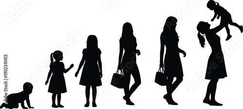 female, life, stages, silhouette, black, white, icon, illustration, vector, design, symbol, baby, child, adult, mother, growth, aging, development, lifestyle, family, generational
