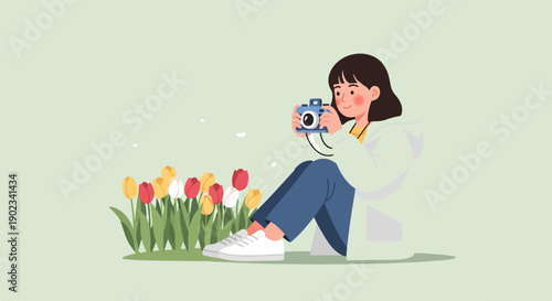 Person taking photo of tulips in a park