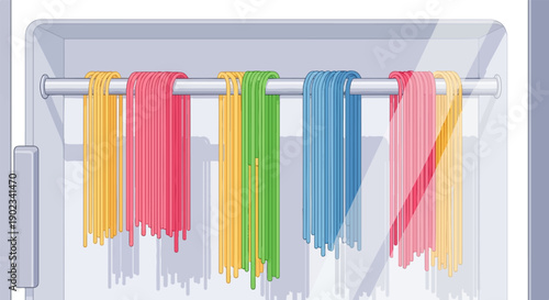 Multi-colored spaghetti strands hanging from a rack inside a container
