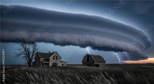 Ominous storm clouds engulf dilapidated farm buildings under a lightning-filled sky