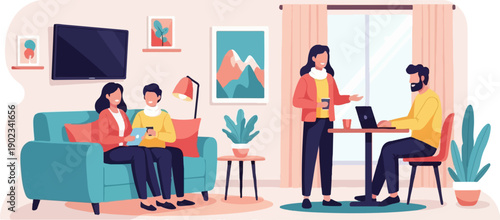 People working and relaxing in a modern home office setting