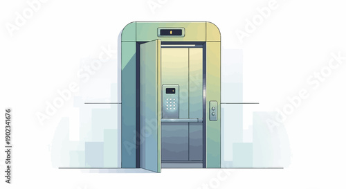 Open elevator door with control panel and floor indicator