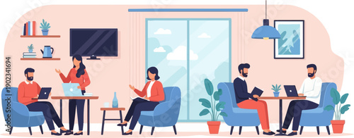 People working and relaxing in a modern co-working space