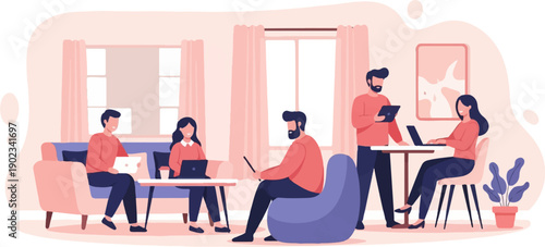 People working and relaxing in a modern, casual office setting