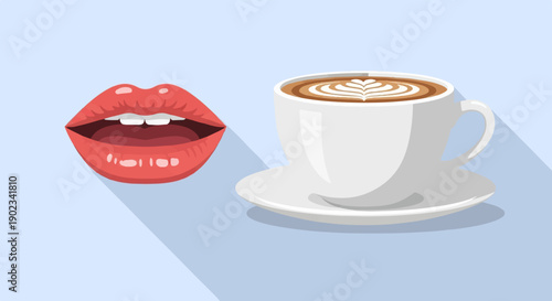 Open red lips near a white cup of coffee with latte art