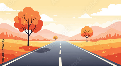 Open road through a vibrant autumnal landscape with rolling hills