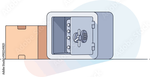 Open safe and box on a white background with abstract shapes