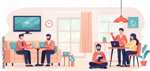 People working and relaxing in a home office setting with modern decor